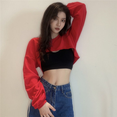 Νέο μοντέλο γυναικείο κοντό ασύμμετρο φούτερ με οβάλ λαιμόκοψη