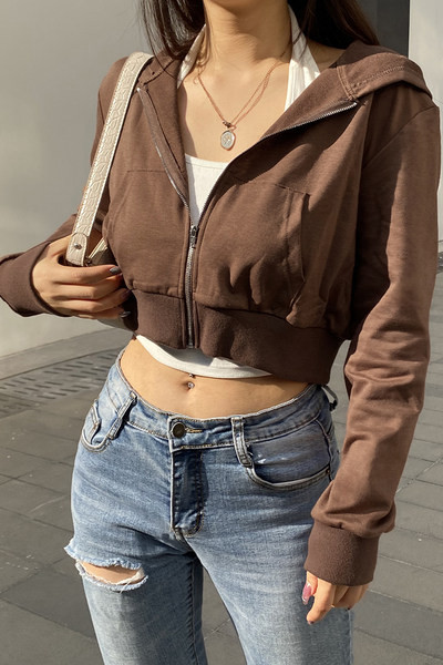 Uue mudeli naiste lühike dressipluus kapuutsiga pruuni ja roosa