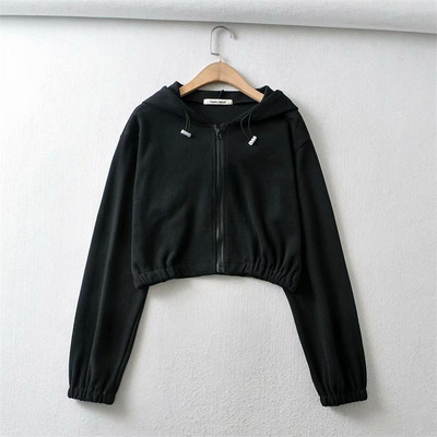 Lühikese mudeliga naiste dressipluus luku ja kapuutsiga