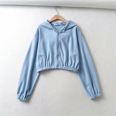 Lühikese mudeliga naiste dressipluus luku ja kapuutsiga