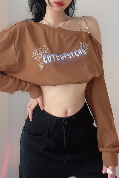 Lühike aplikatsiooniga naiste dressipluus - pruuni värvi