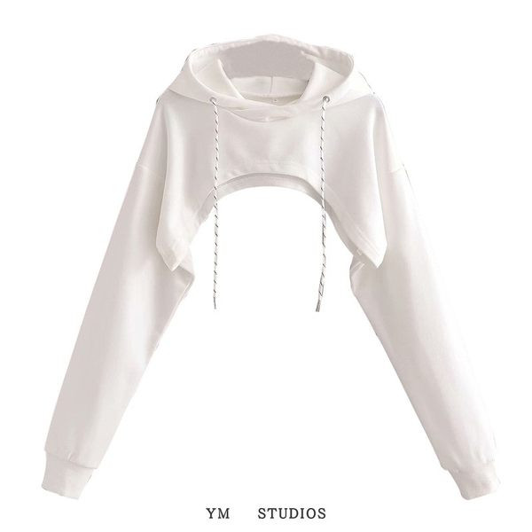 Νέο μοντέλο γυναικείο κοντό φούτερ με κουκούλα σε γκρι και λευκό χρώμα