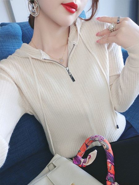 Igapäevane naiste triibuline dressipluus õhukesest kudumisest lukuga