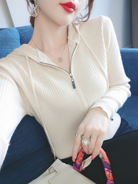 Igapäevane naiste triibuline dressipluus õhukesest kudumisest lukuga