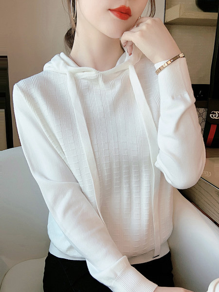 Uue mudeli naiste ühevärviline kapuutsiga dressipluus valge ja must