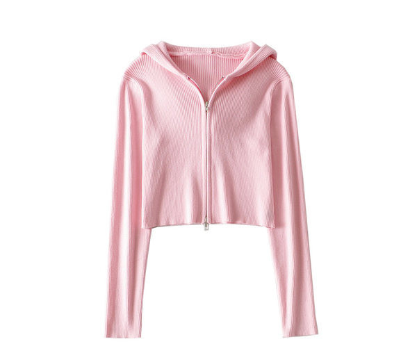 Γυναικείο φούτερ κοντό απλό μοντέλο με κουκούλα και φερμουάρ