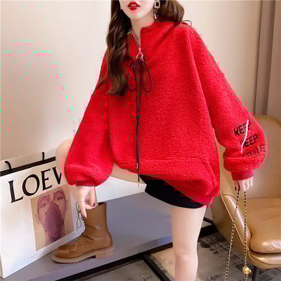 Plüss ingyenes pulóver cipzárral és hímzett felirattal