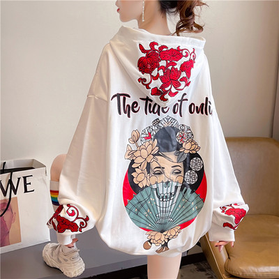 Φαρδύ φούτερ με έγχρωμη απλικέ και κουκούλα για γυναίκες