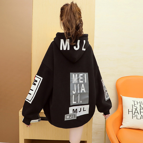 Φαρδύ μακρύ φούτερ με κουκούλα και στάμπα για γυναίκες