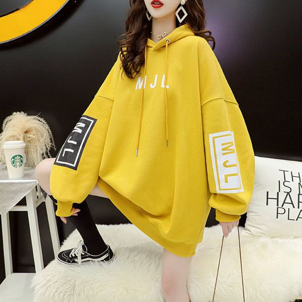 Φαρδύ μακρύ φούτερ με κουκούλα και στάμπα για γυναίκες