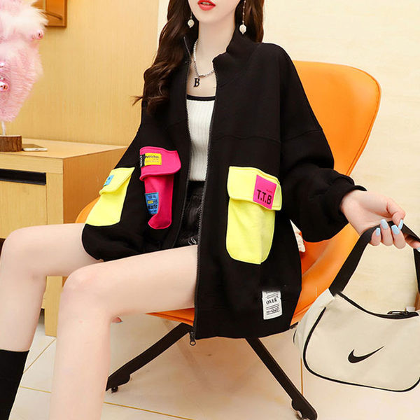 Γυναικείο φούτερ με χρωματιστές τσέπες - φαρδύ μοντέλο