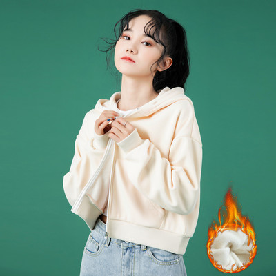 Κοντό γυναικείο φούτερ με φερμουάρ και κουκούλα