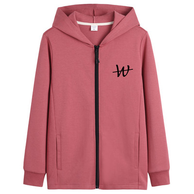 Õhuke kevadine kapuutsiga dressipluus ja tikitud kiri