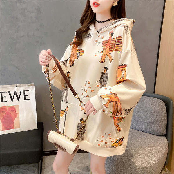 Női pulóver kapucnival és mintával - széles modell