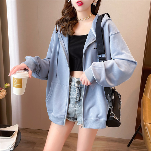 Naiste lai kapuutsi ja taskutega dressipluus - sinine ja hall