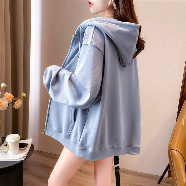 Naiste lai kapuutsi ja taskutega dressipluus - sinine ja hall