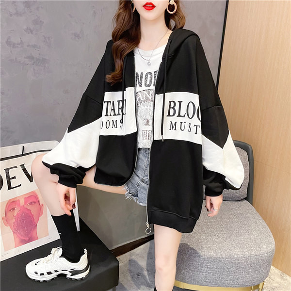 Naiste sportlik kapuutsiga dressipluus - hall ja must