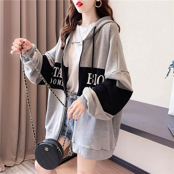 Naiste sportlik kapuutsiga dressipluus - hall ja must