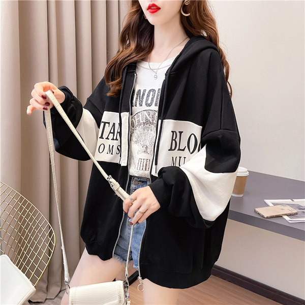 Naiste sportlik kapuutsiga dressipluus - hall ja must