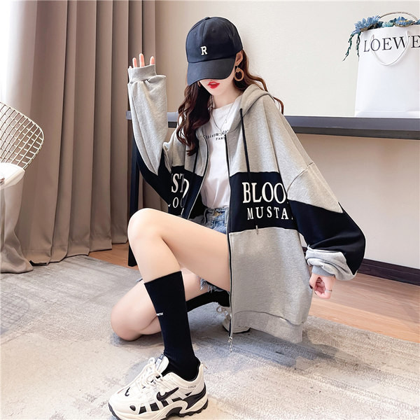 Naiste sportlik kapuutsiga dressipluus - hall ja must