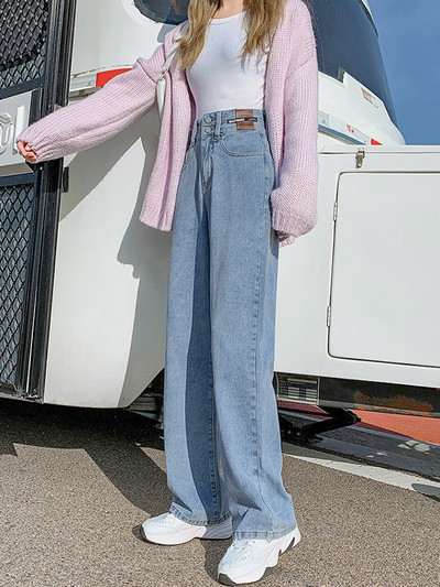 Naiste laiad teksapüksid kõrge vöökoha ja nööpidega