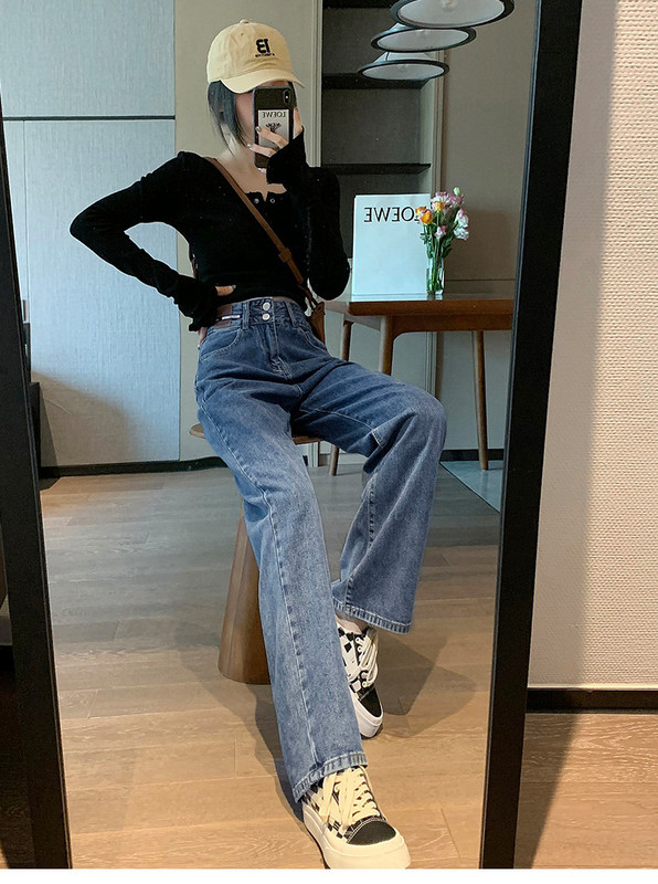 Naiste laiad teksapüksid kõrge vöökoha ja nööpidega