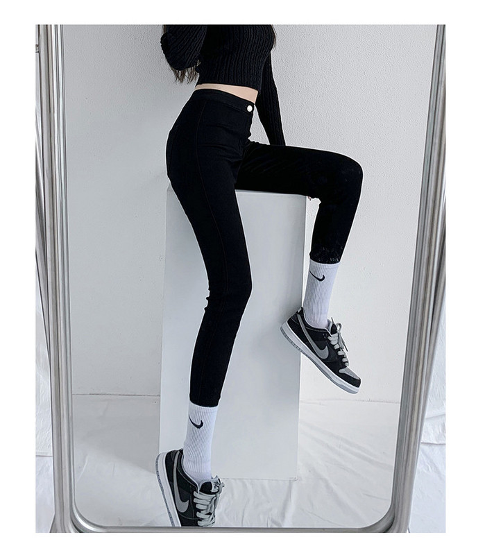 Stiilsed naiste teksapüksid, pikk, kõrge vöökohaga liibuv mudel