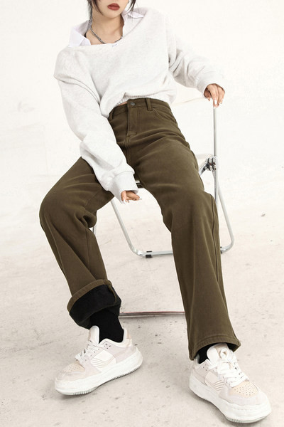 Naiste kõrge vöökoha ja sooja voodriga talveteksad - sirge mudel