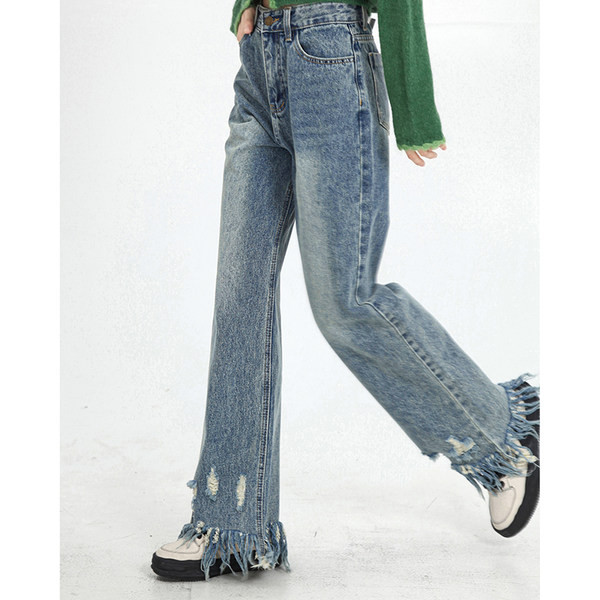 Γυναικείο μακρύ τζιν με σκισμένα μοτίβα και ψηλόμεσο