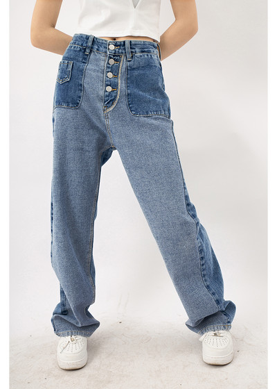 Moodne naiste teksapükste lai nööpidega mudel