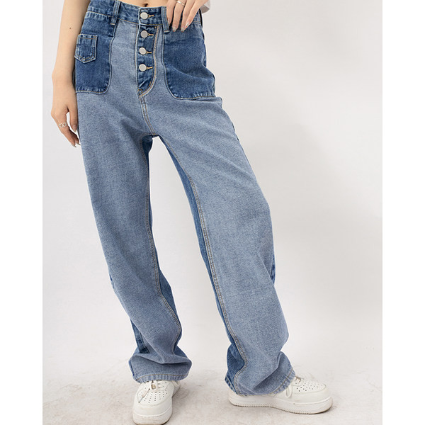 Moodne naiste teksapükste lai nööpidega mudel