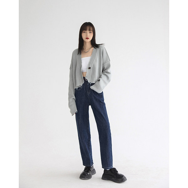 Naiste ühevärvilised teksapüksid sirge kõrge vöökohaga mudel