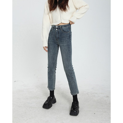Γυναικείο casual μονόχρωμο τζιν ίσιο μοντέλο με ψηλή μέση
