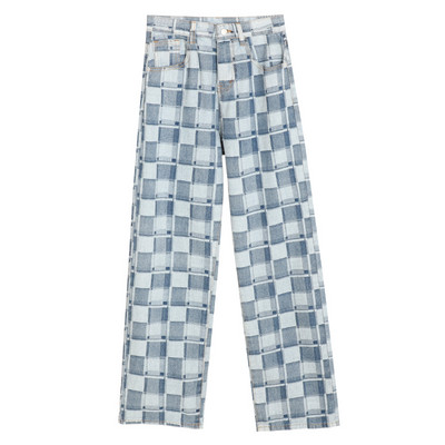 Naiste ruuduline teksapükste lai kõrge vöökohaga mudel