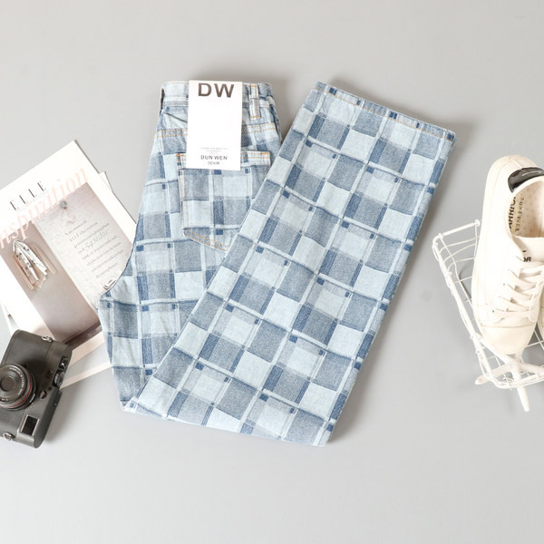 Naiste ruuduline teksapükste lai kõrge vöökohaga mudel