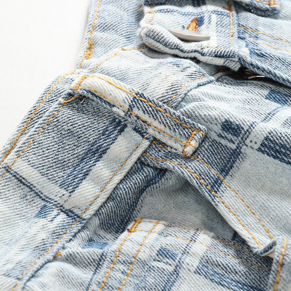 Naiste ruuduline teksapükste lai kõrge vöökohaga mudel