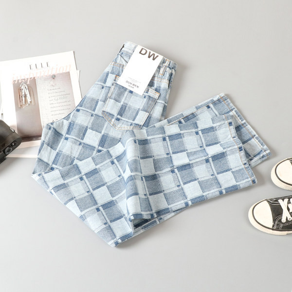 Naiste ruuduline teksapükste lai kõrge vöökohaga mudel