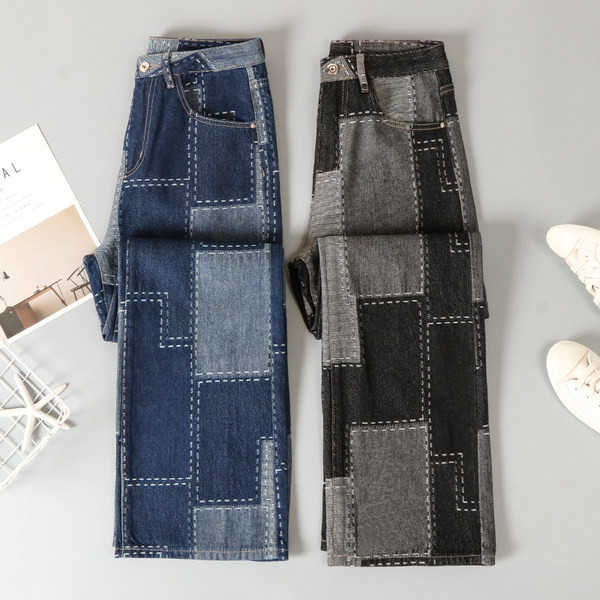 Naiste laiade säärte ja kõrge vöökohaga teksapüksid