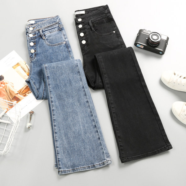 Laia sääre ja nööpidega naiste teksad