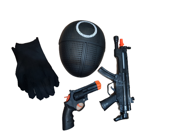 Комплект squid game , Маска, Ръкавици, Пистолети