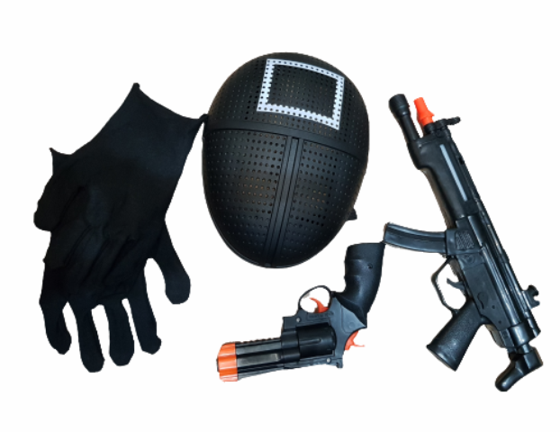 Комплект squid game , Маска, Ръкавици, Пистолети