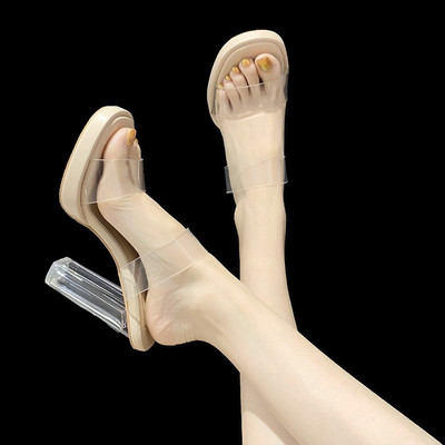 Нов модел дамски чехли с висок прозрачен ток и силиконови каишки