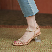 Suvised naiste sandaalid pärlite ja läbipaistva kontsaga