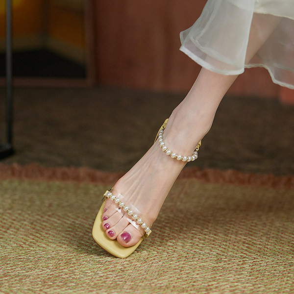 Suvised naiste sandaalid pärlite ja läbipaistva kontsaga