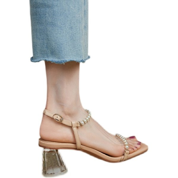 Suvised naiste sandaalid pärlite ja läbipaistva kontsaga