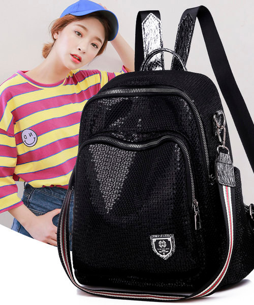 Női hátizsák flitterekkel és textil fogantyúval