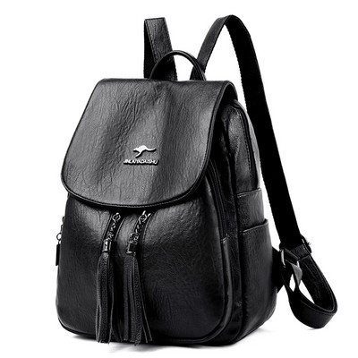 Γυναικείο σακίδιο πλάτης από οικολογικό δέρμα με μεταλλική επιγραφή και φούντες