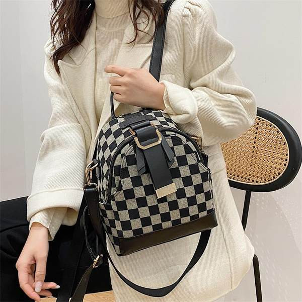 Öko-nahast ja tekstiilist väike ruuduline seljakott naistele