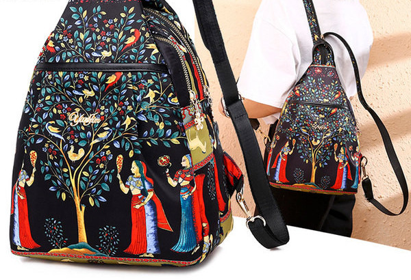 Naiste vabaaja värvilise mustriga tekstiilist seljakott