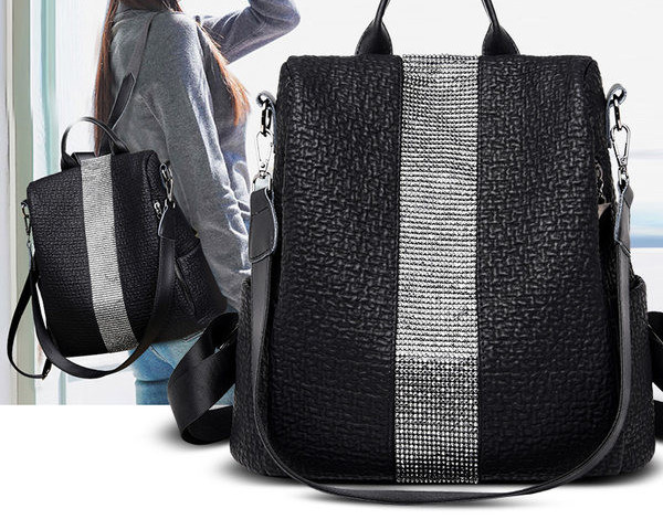 Naiste eko-nahast musta värvi metallidekooriga seljakott